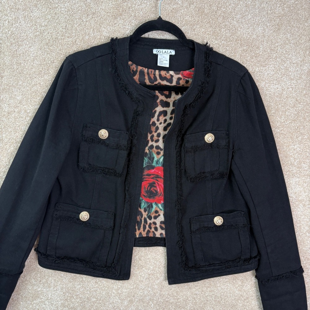 OO LALA Jacket Womens Medium Black Gold Lion Buttons Cotton Edgy Mob Wife